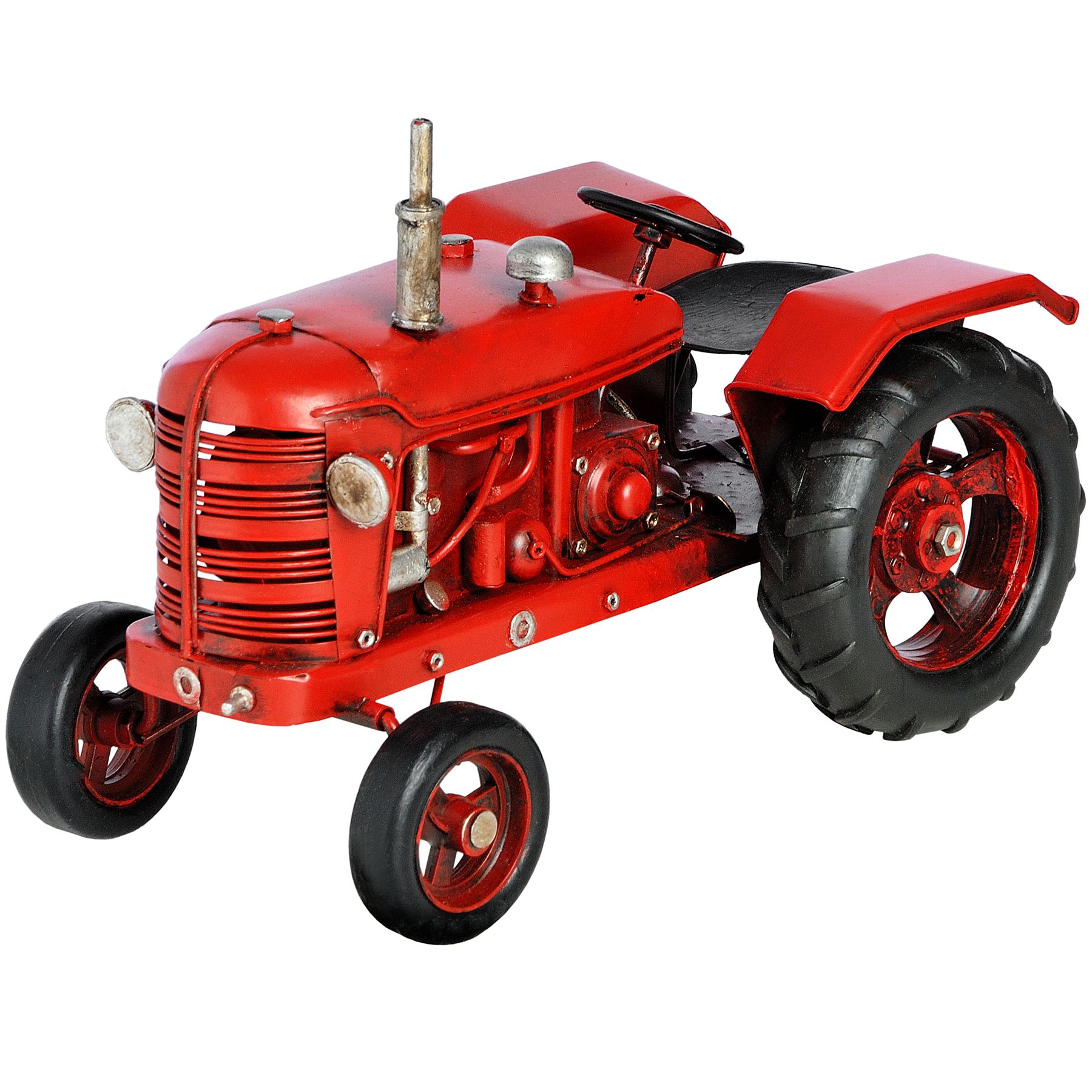 a toy farm tractor with black wheels