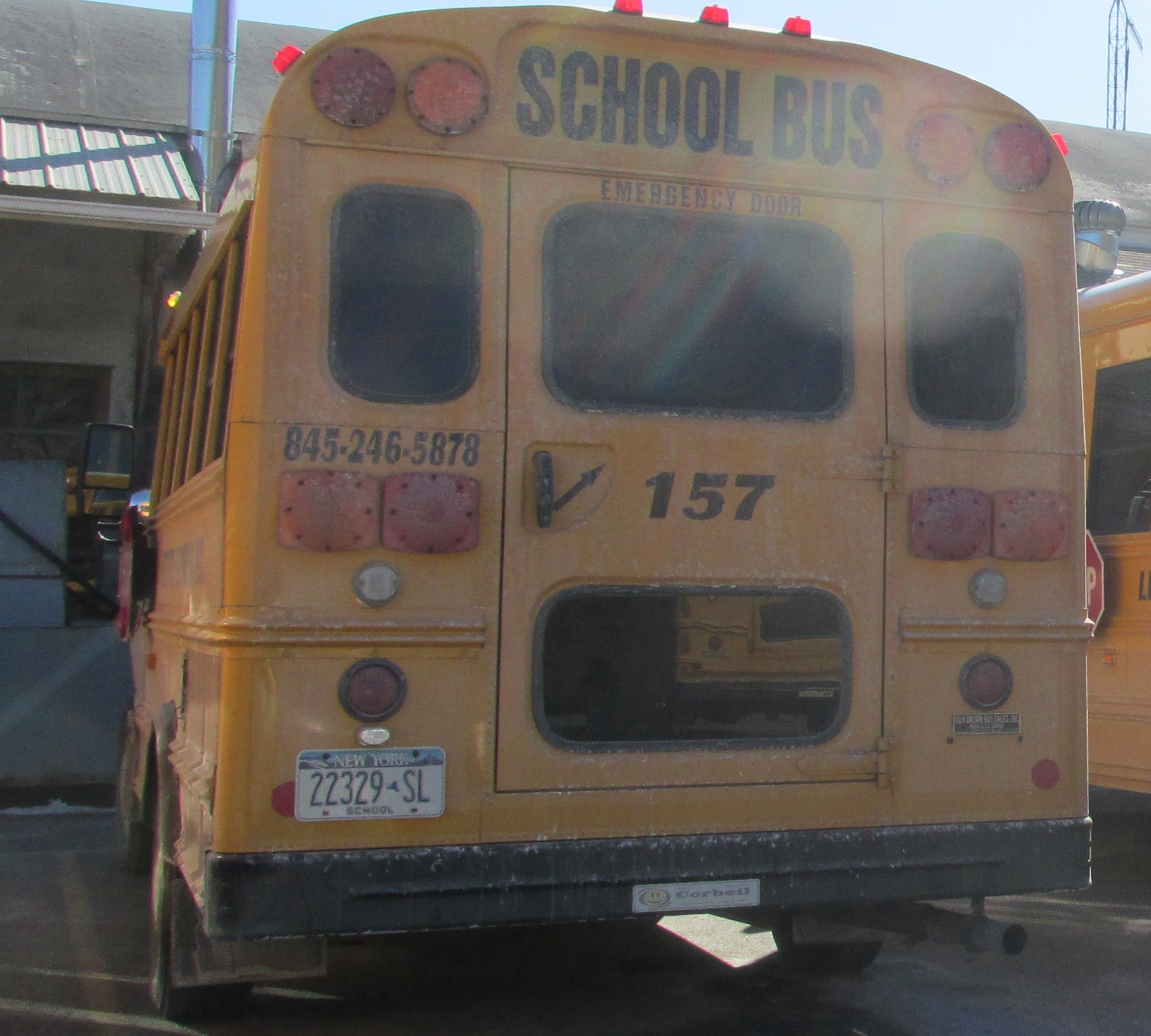 there are many yellow school buses parked together