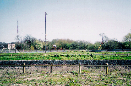 an empty field with horses in the background