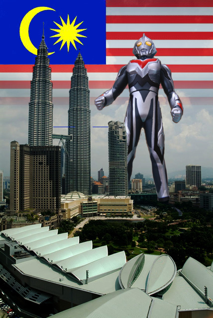 an image of the malaysia skyline with a picture of a robot standing above it