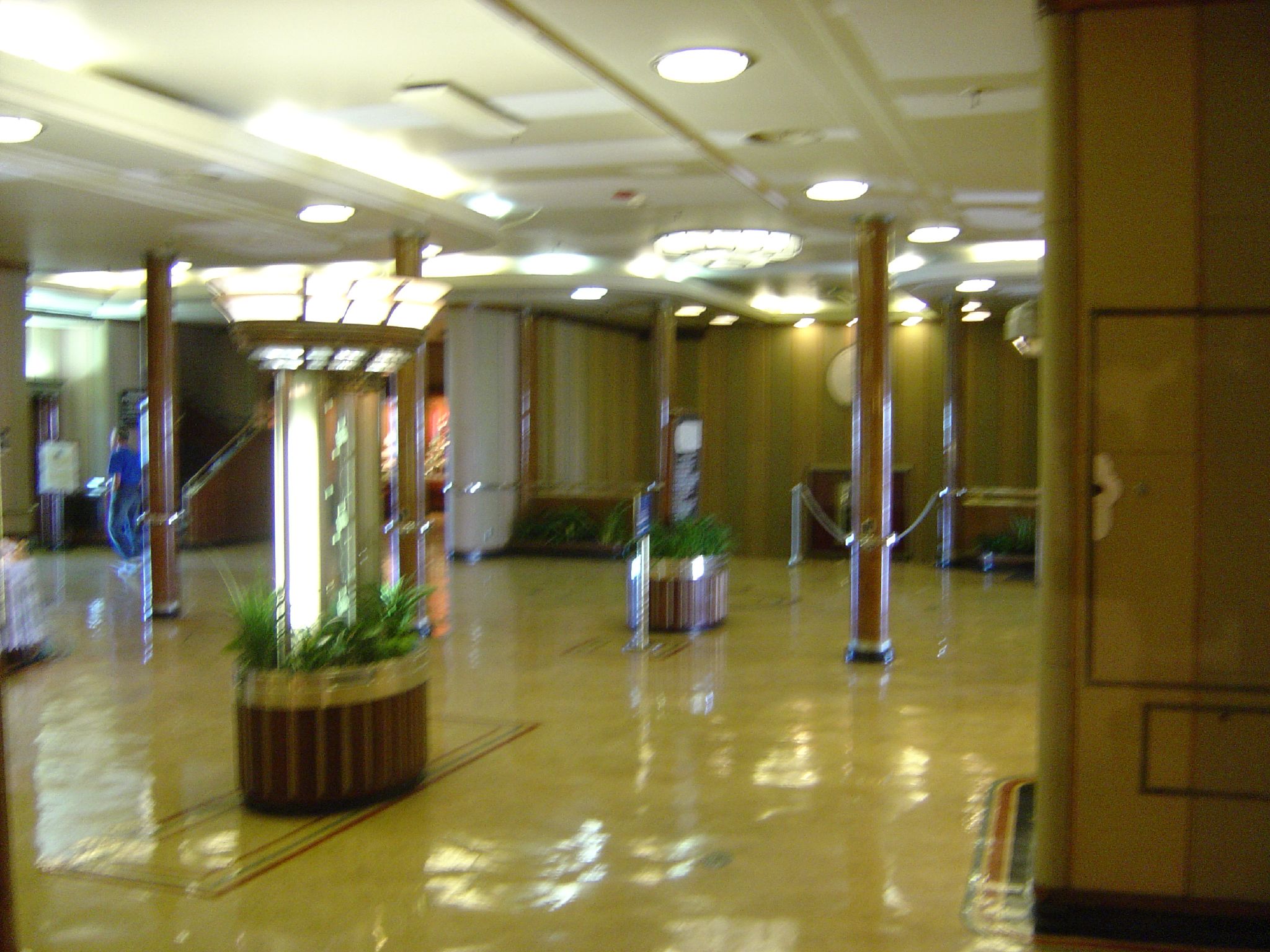 a large, clean lobby with lots of plants in it