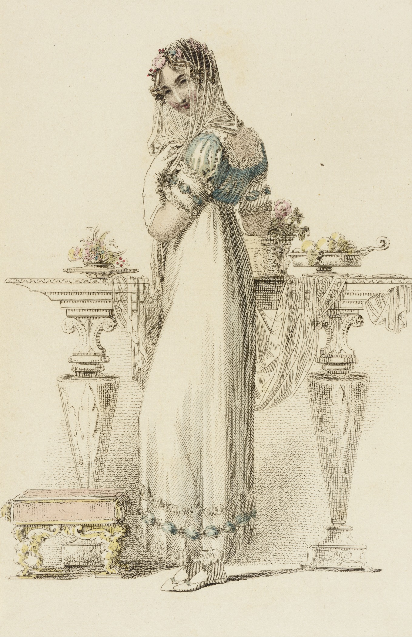 a woman in white dress standing next to vase
