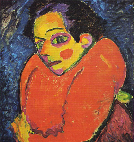 a colorful painting shows a man holding his chest