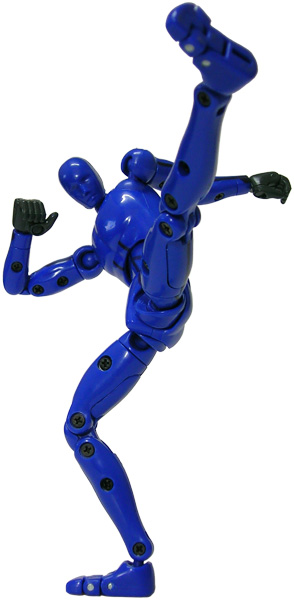 a blue plastic figurine is posed to be a dancing robot