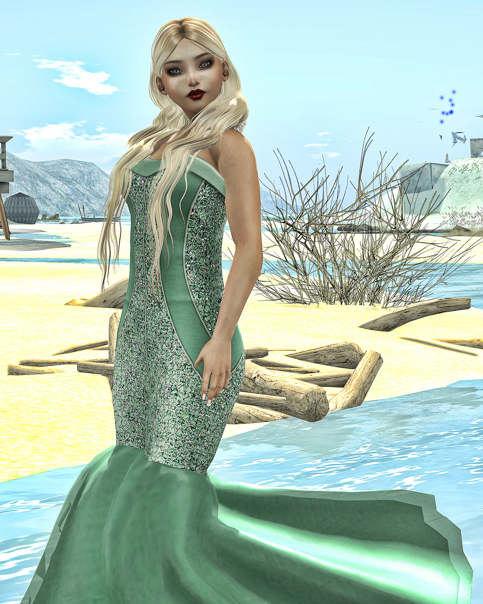 the woman wearing a green dress standing in water