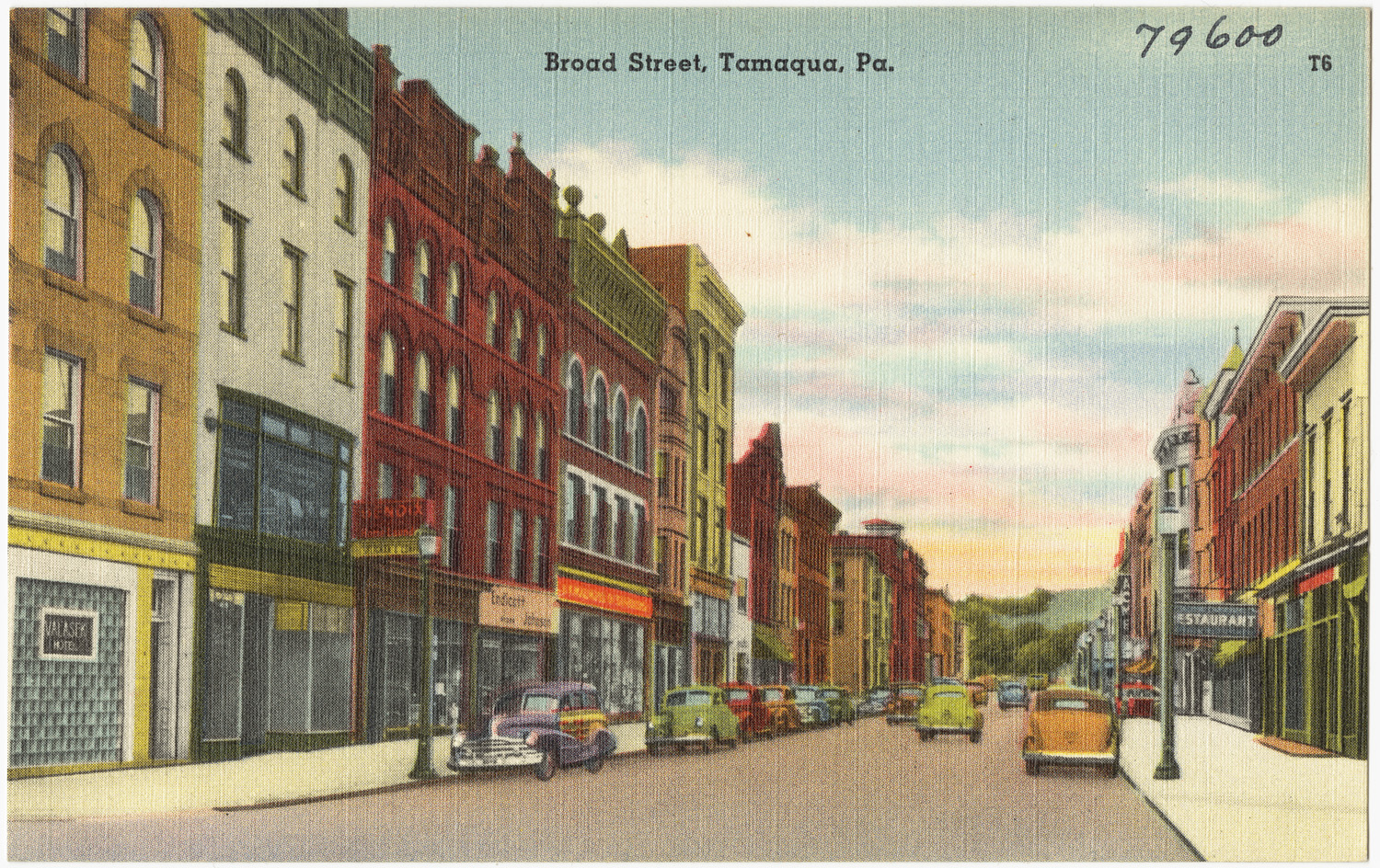 a painting of a town street with cars and buildings