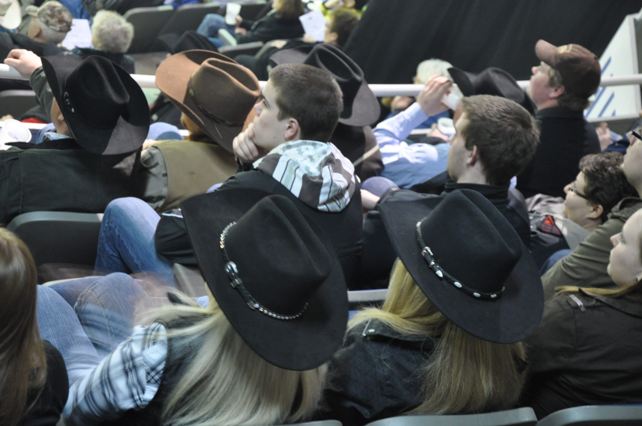 a couple of people sitting in the audience wearing hats