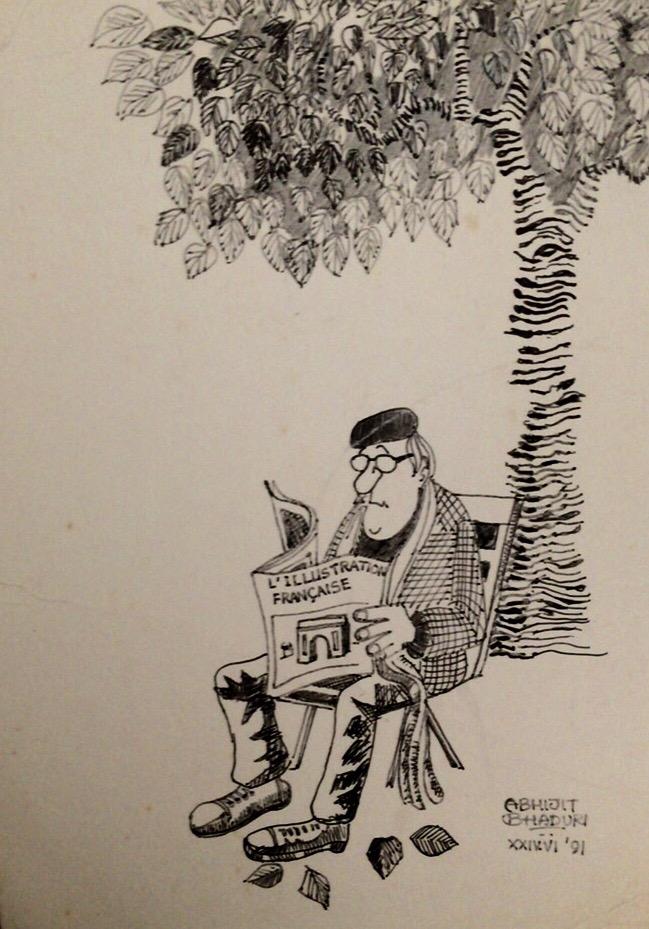 a drawing of a man is sitting down while reading the paper