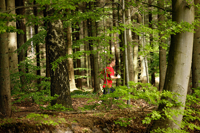 man in a red jacket standing in the woods