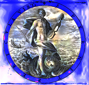 a circular drawing of an atlas man with a bow and arrow