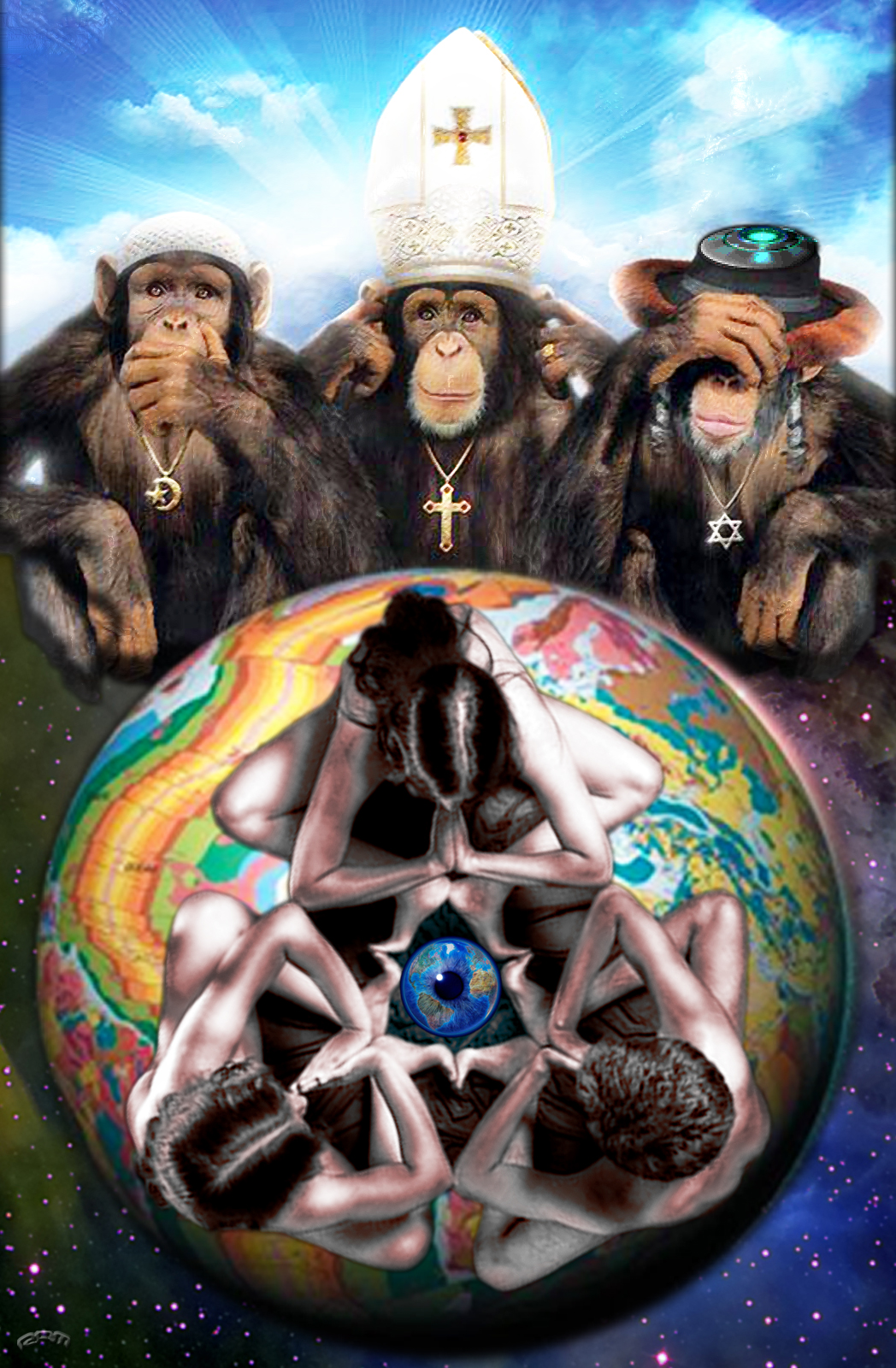 five monkeys are in an intertwined circle in front of a globe
