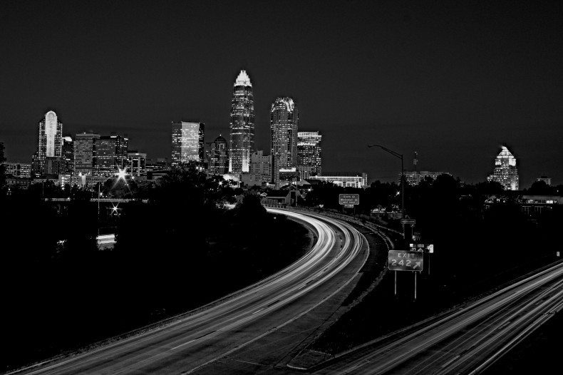 a black and white image of an interstate