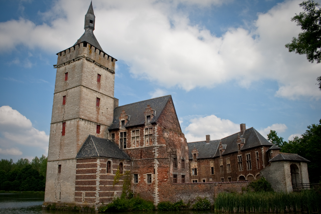 an old brick castle sits in the background with water and trees