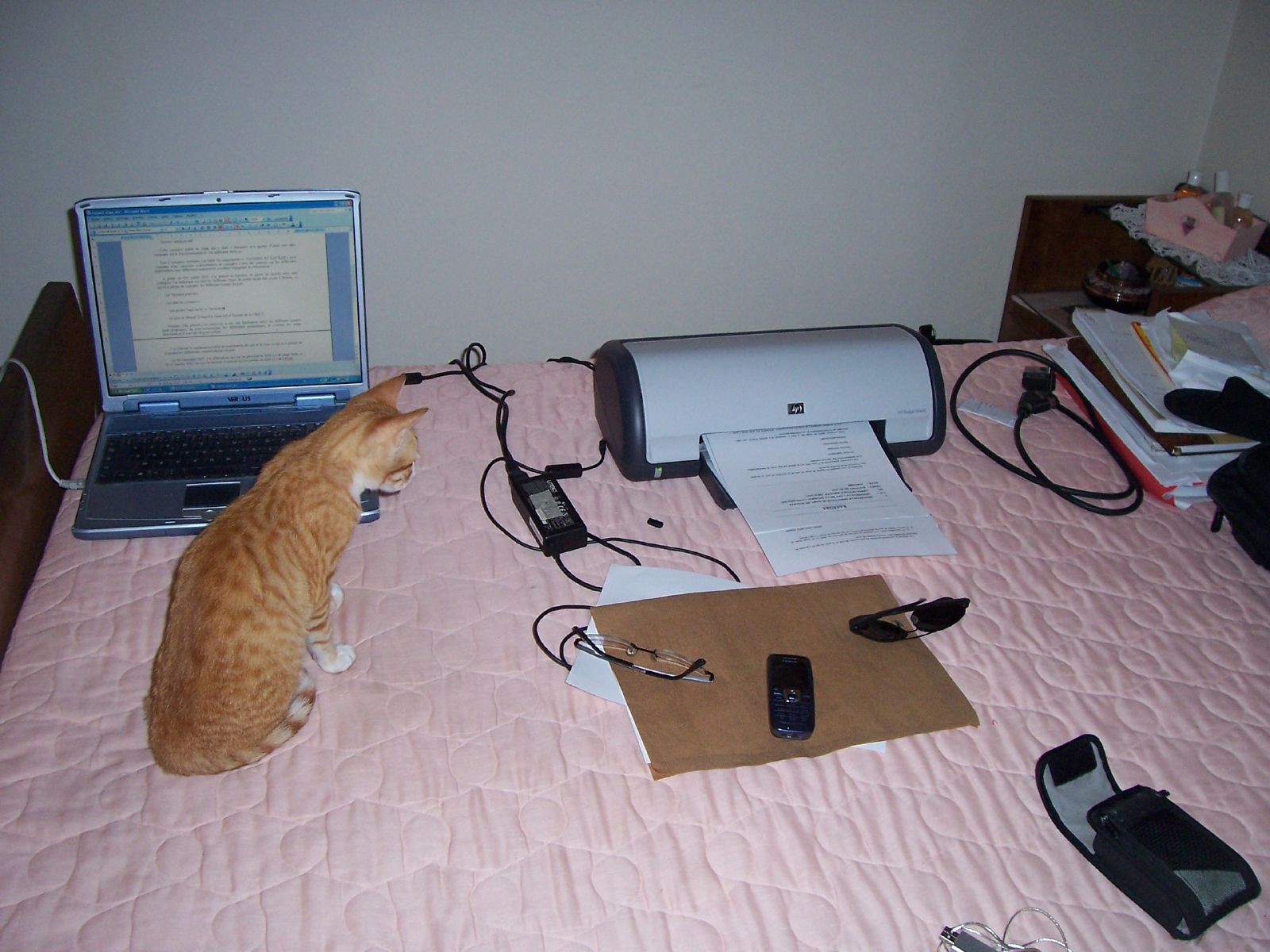 a cat looking down at several electronics on a bed