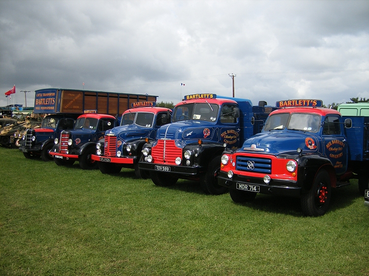 several blue and red trucks parked next to each other in a green field