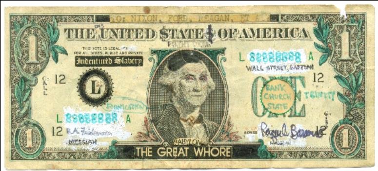 the dollar bill is green and has some writing