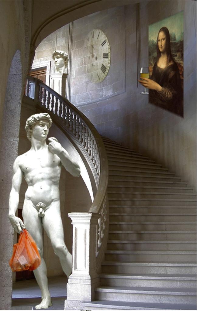 a statue stands in front of a staircase next to a painting