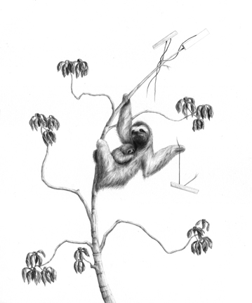 a drawing of a hanging monkey holding on to the nch of a tree