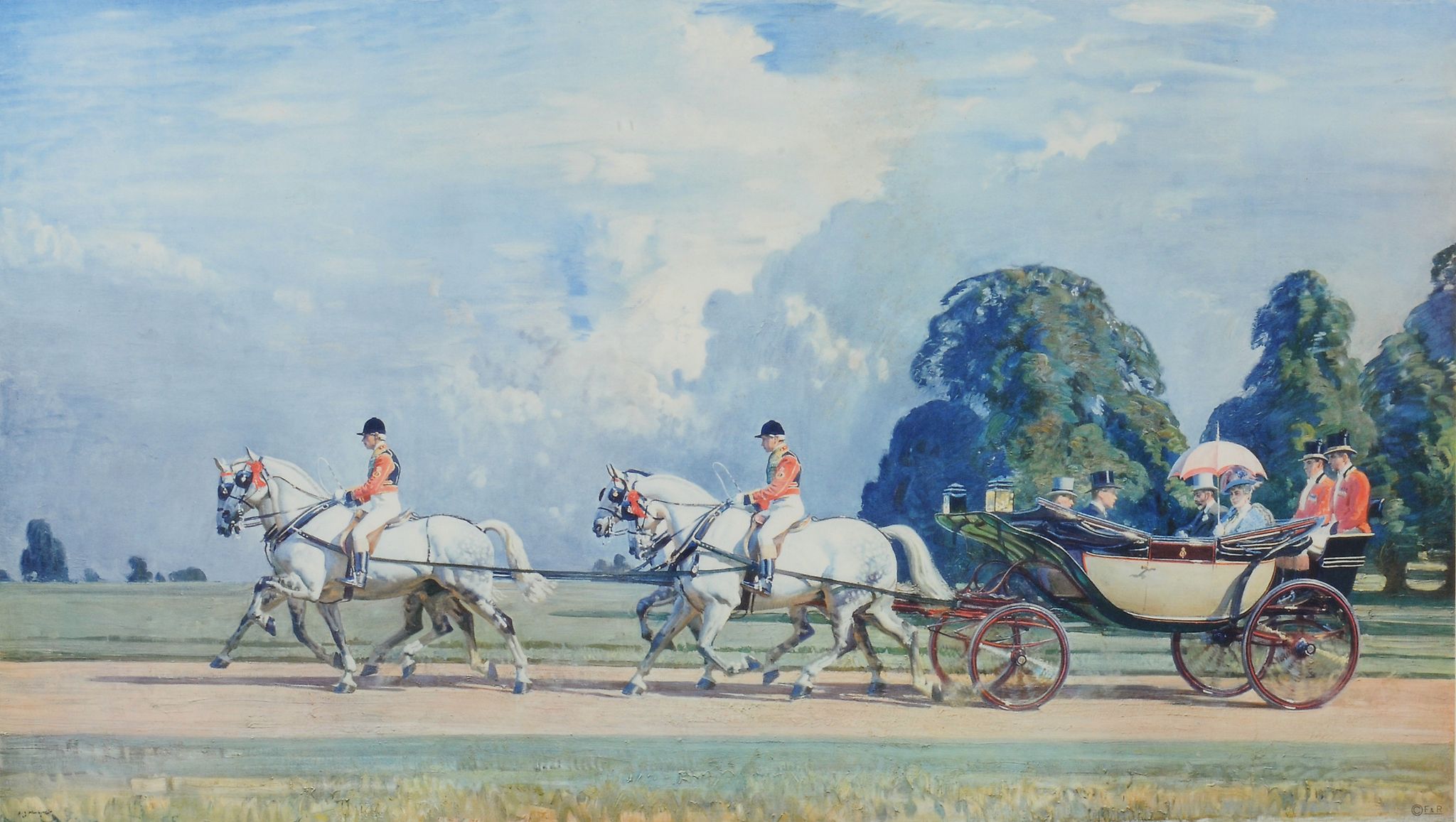 a picture of a drawing of people on horses and carriages