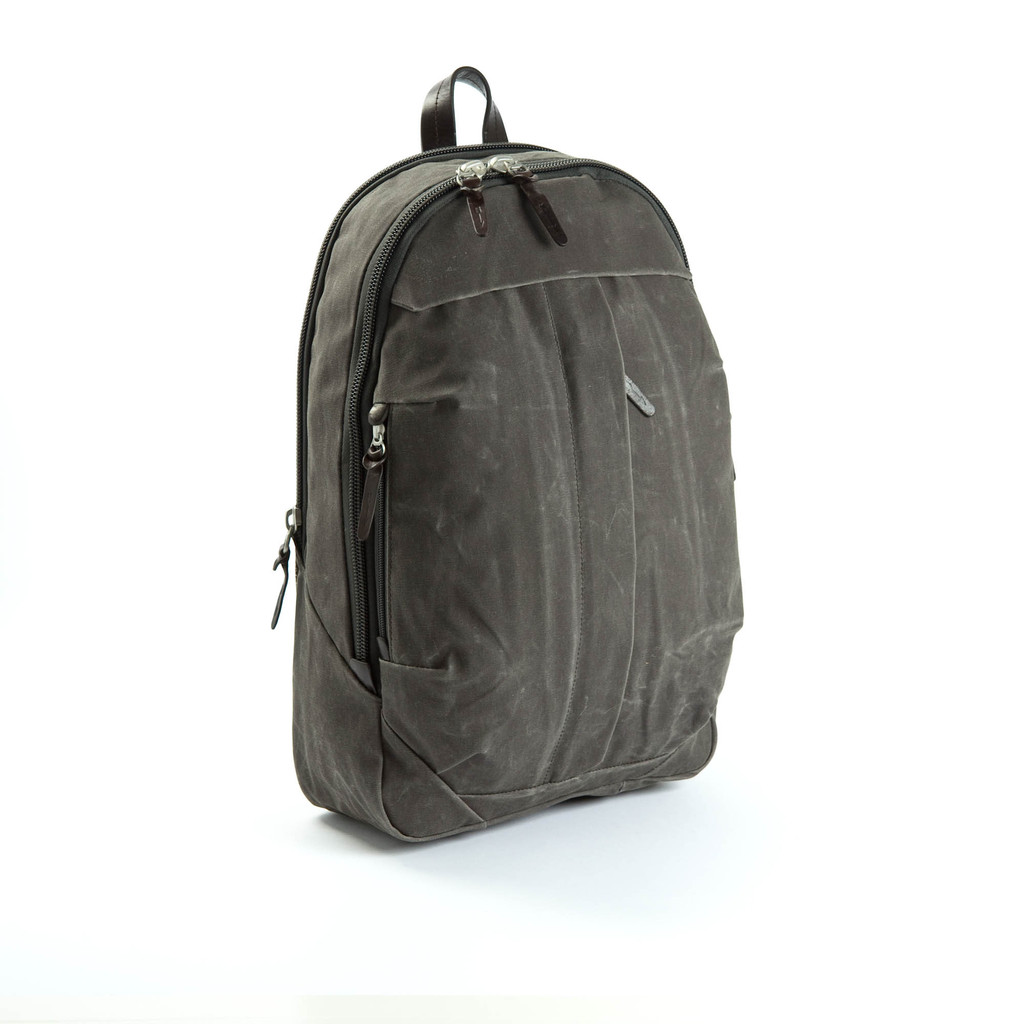 grey backpack with zippers on back and front