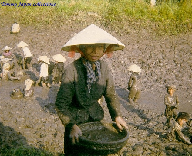 a person sitting on a rocky surface holding an open bowl with people standing around her