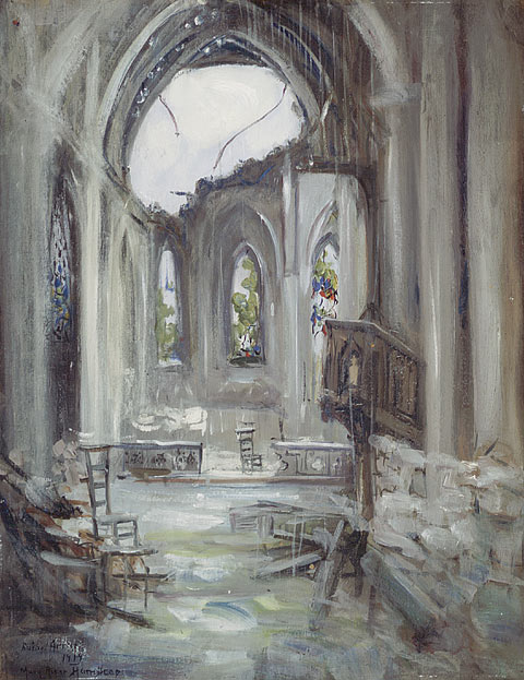a painting of an old church with a stained glass window