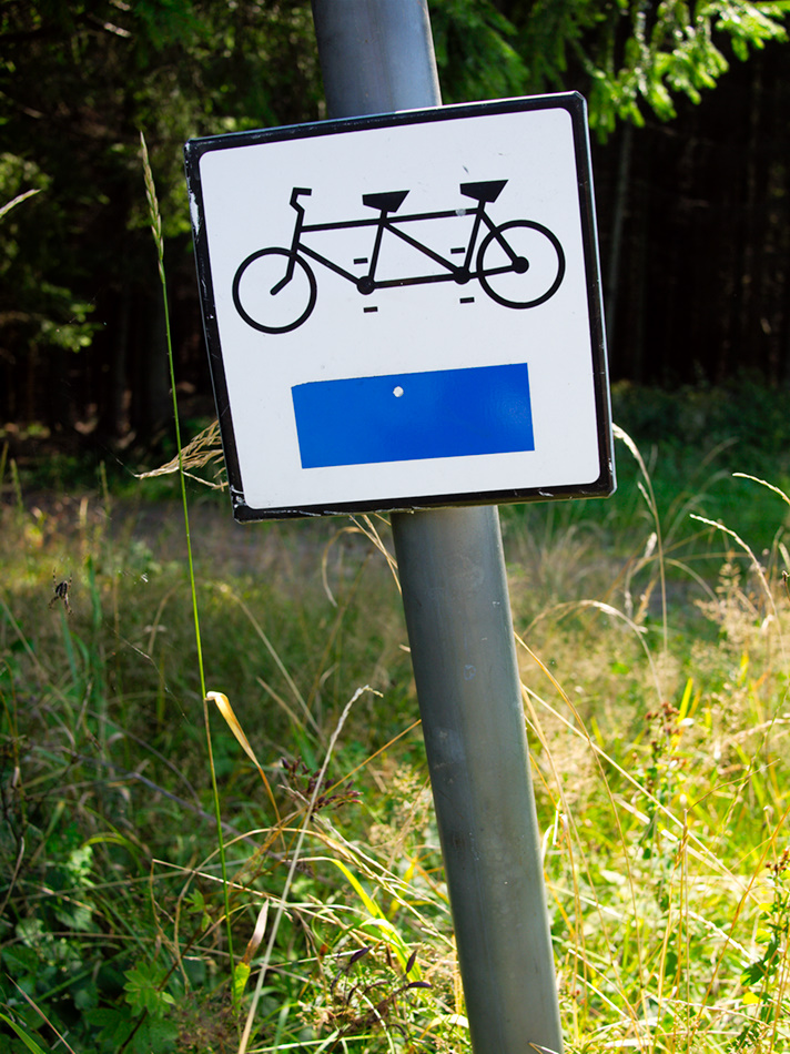 the sign is posted next to a tree