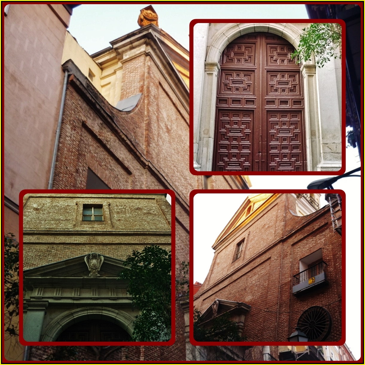 a series of pictures of buildings with an arched doorway