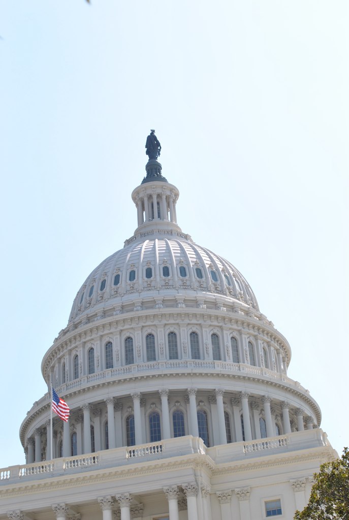 the dome of the capitol building with an american flag flying overhead