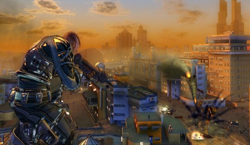 a man in a futuristic suit looks out over the city
