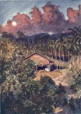 a painting depicting an area with a farm house on the far side and trees in the foreground