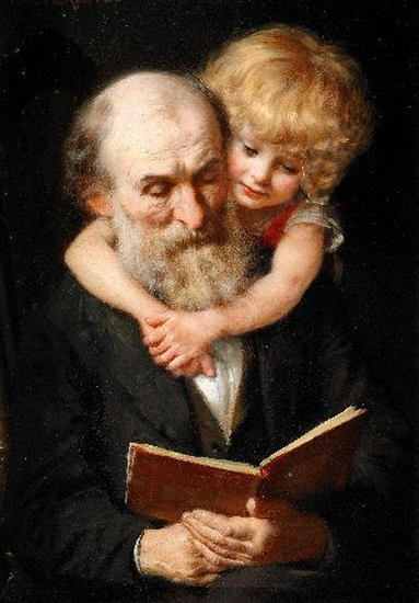 a painting with an old man holding a little girl