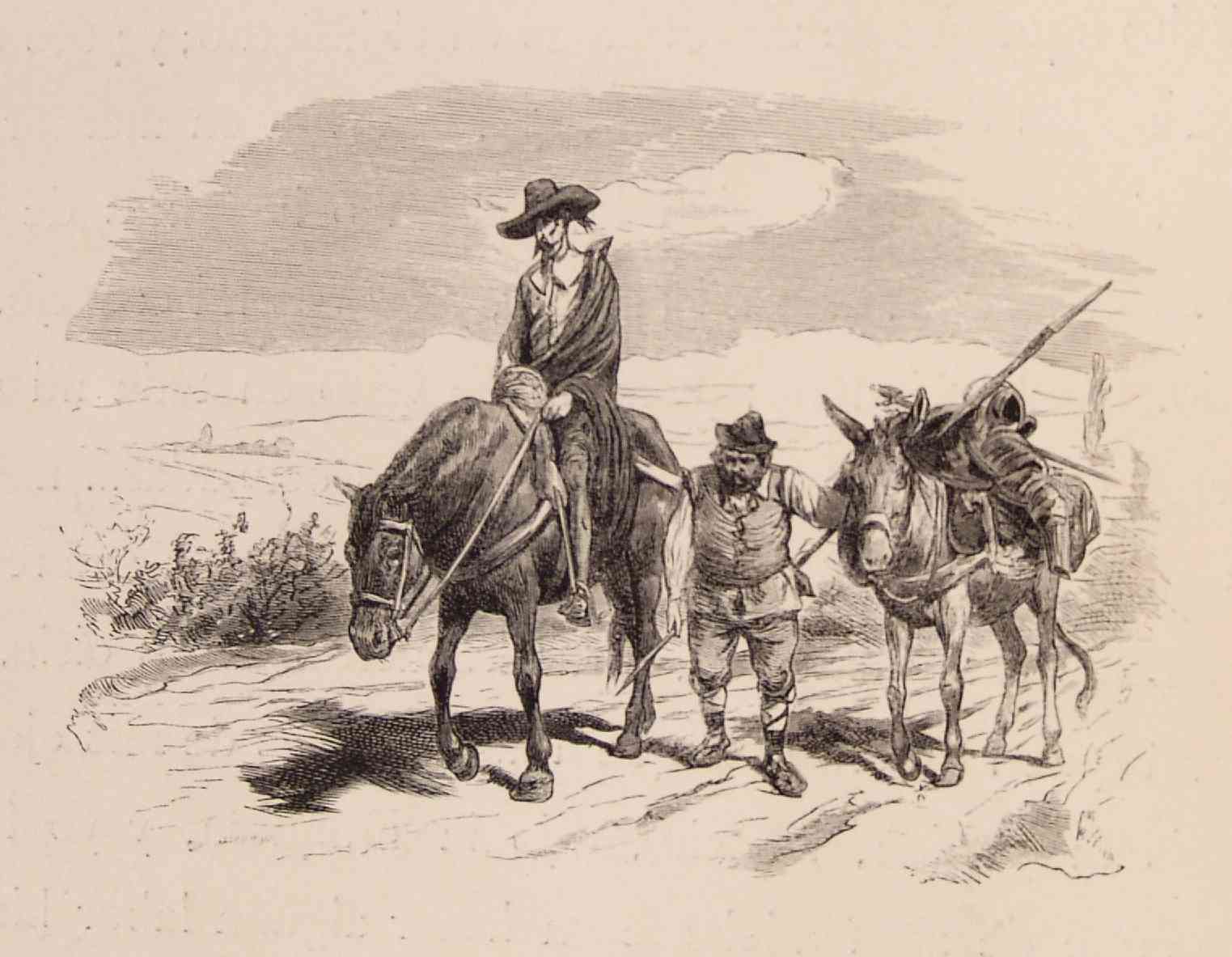 a man in an old fashion rides on a horse with two men