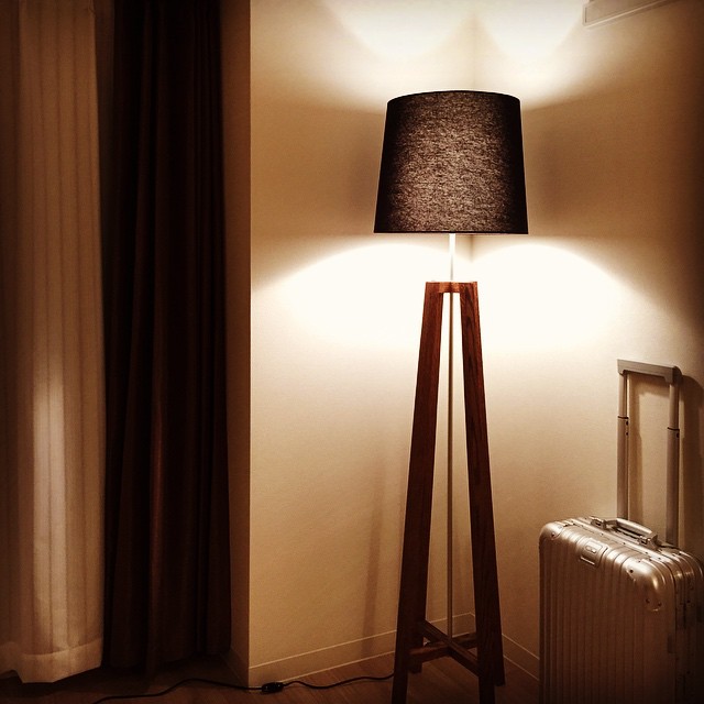 the floor lamp in this room has a brown shade
