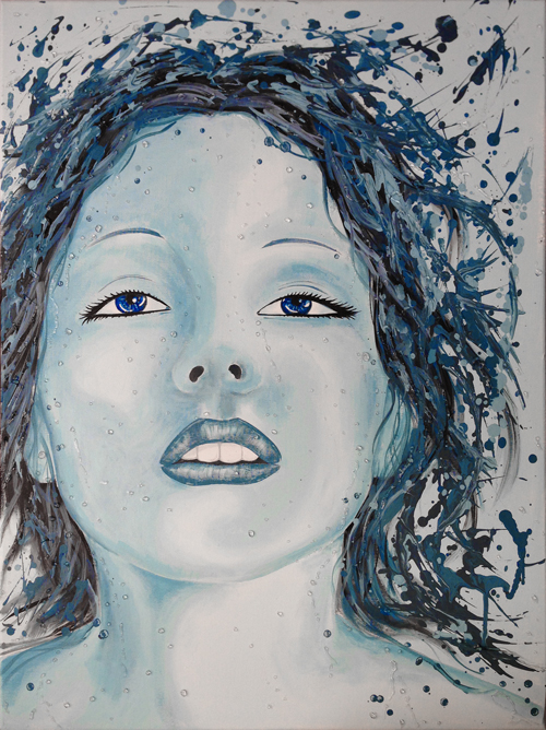 painting of woman's face with artistic blue dress and abstract drops