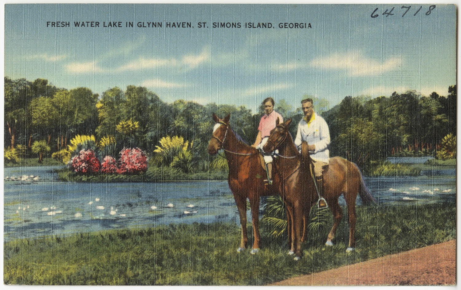 a painting of two people on horses in front of the water