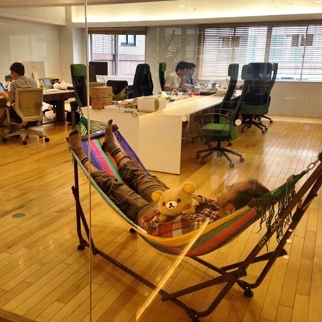 a hammock that is holding a stuffed teddy bear in an office setting