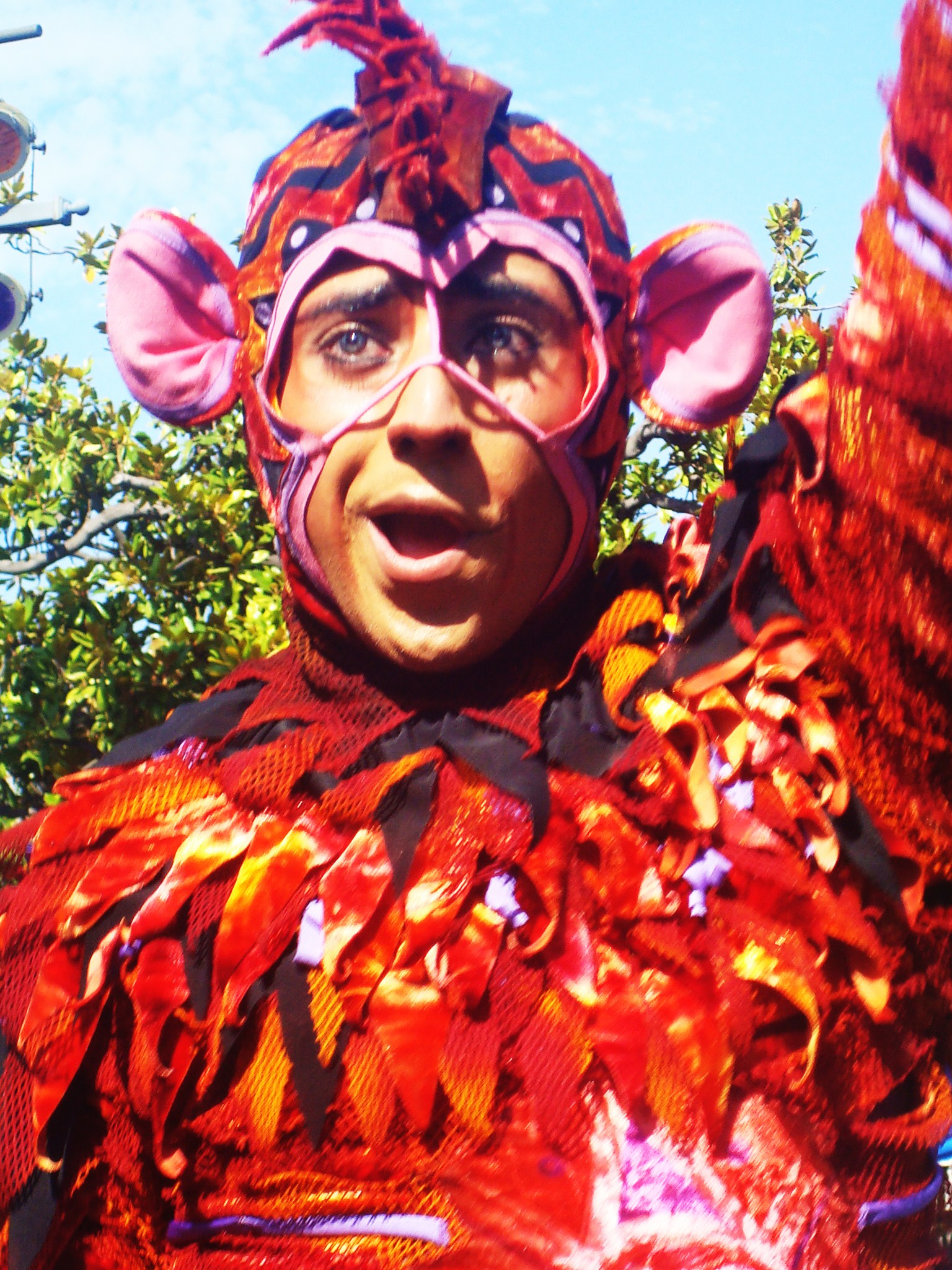 a man is wearing an orange and pink animal costume