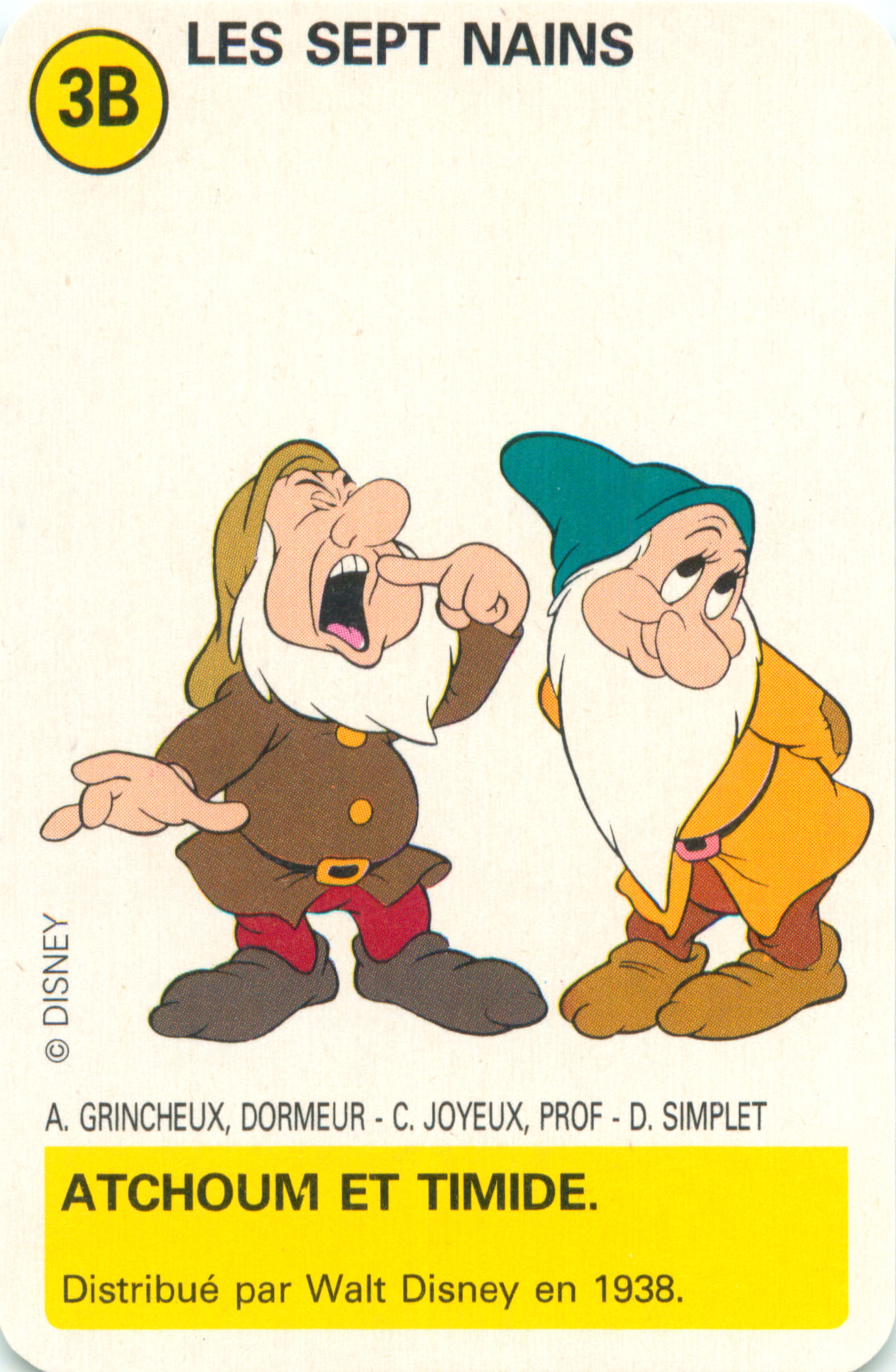 an old disney card featuring two dwarfs pointing at each other