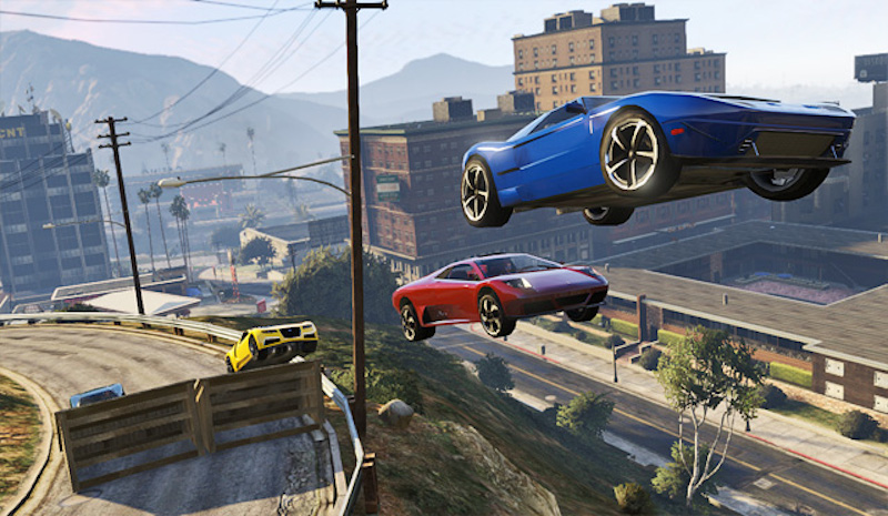 a 3d scene of cars flying in the air above a city