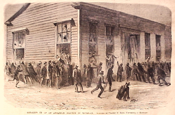 a drawing of a crowd of men outside of a building
