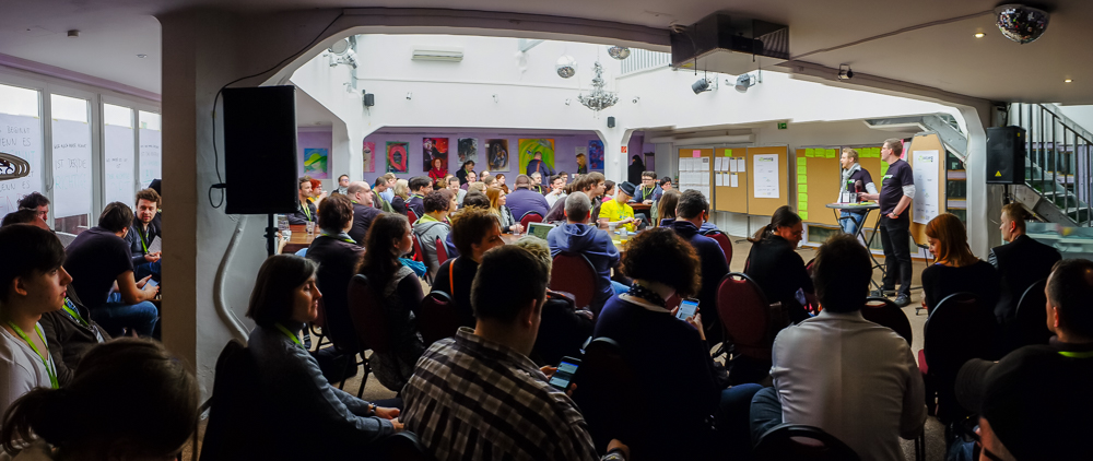 a large group of people in an indoor area