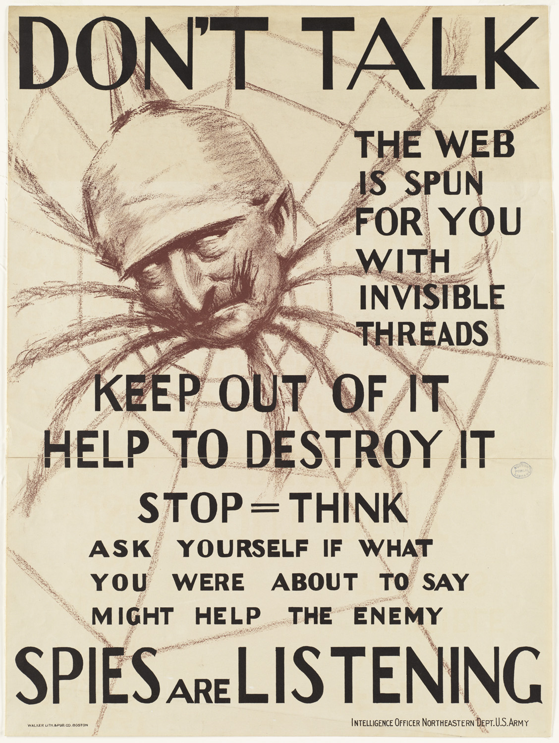 an old poster with a spider and a quote from the poem don't talk