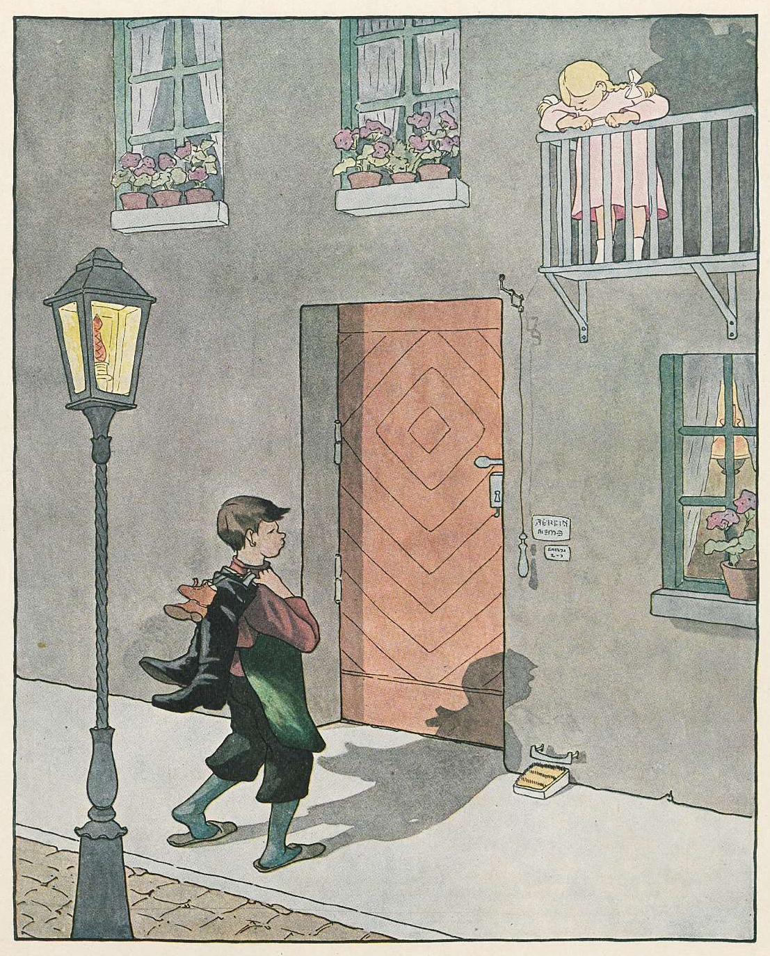 a drawing of a man walking towards a house in the evening