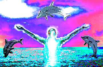 a girl and dolphins in a digitalized image