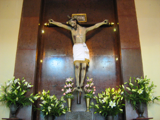 the crucifix is surrounded by flowers and plants