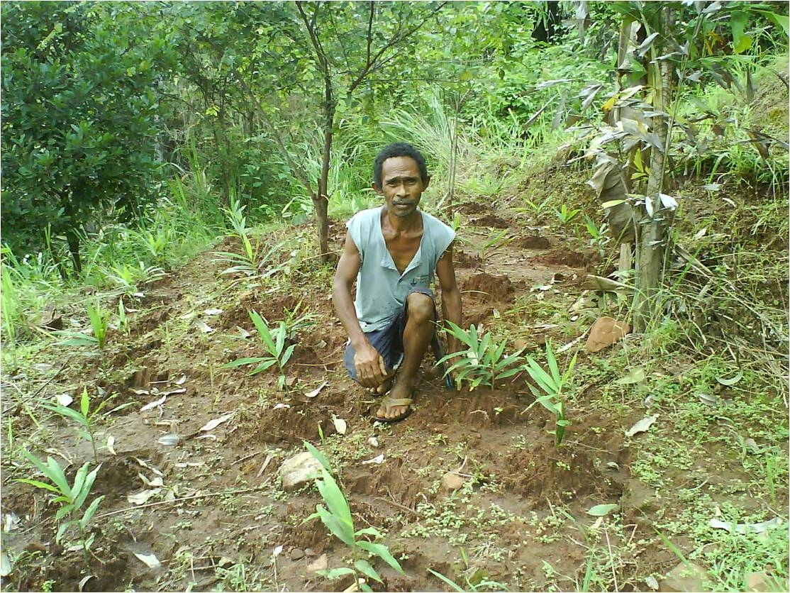 man crouching in the dirt in front of some trees