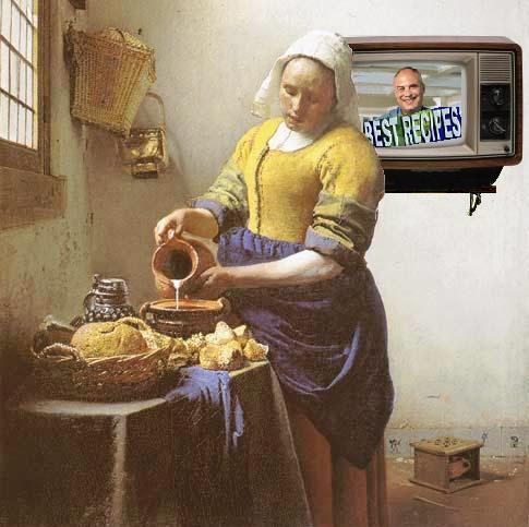 a painting of a lady peeling bread with a television on the wall above