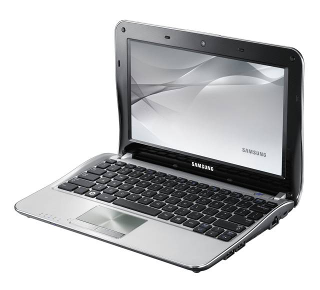 a samsung laptop computer is shown open and showing the front of it