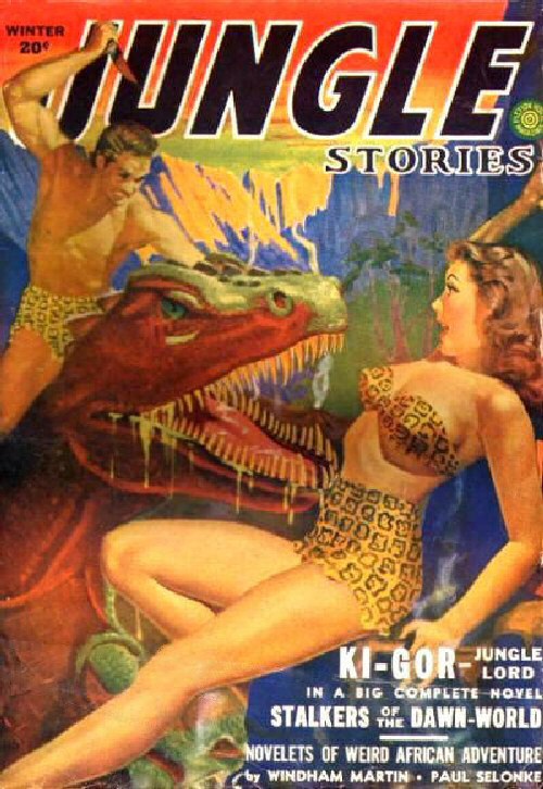 an advertit for jungle stories, featuring the alligator and woman in bathing suits